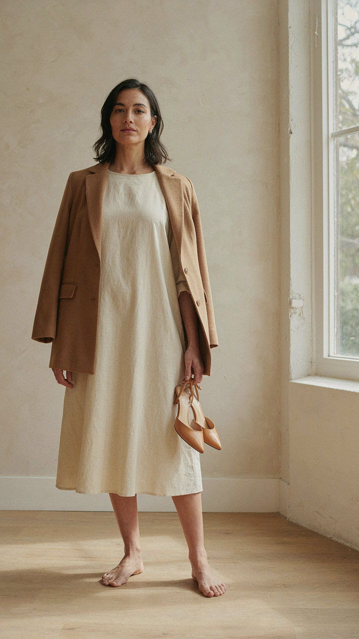 A woman shows modular outfit pieces, including a cream dress and blazer.