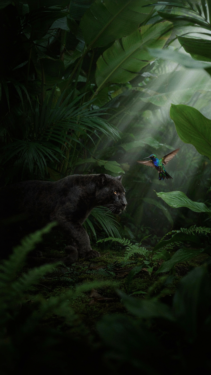 A camouflaged black panther watches a colorful hummingbird in a bright forest.