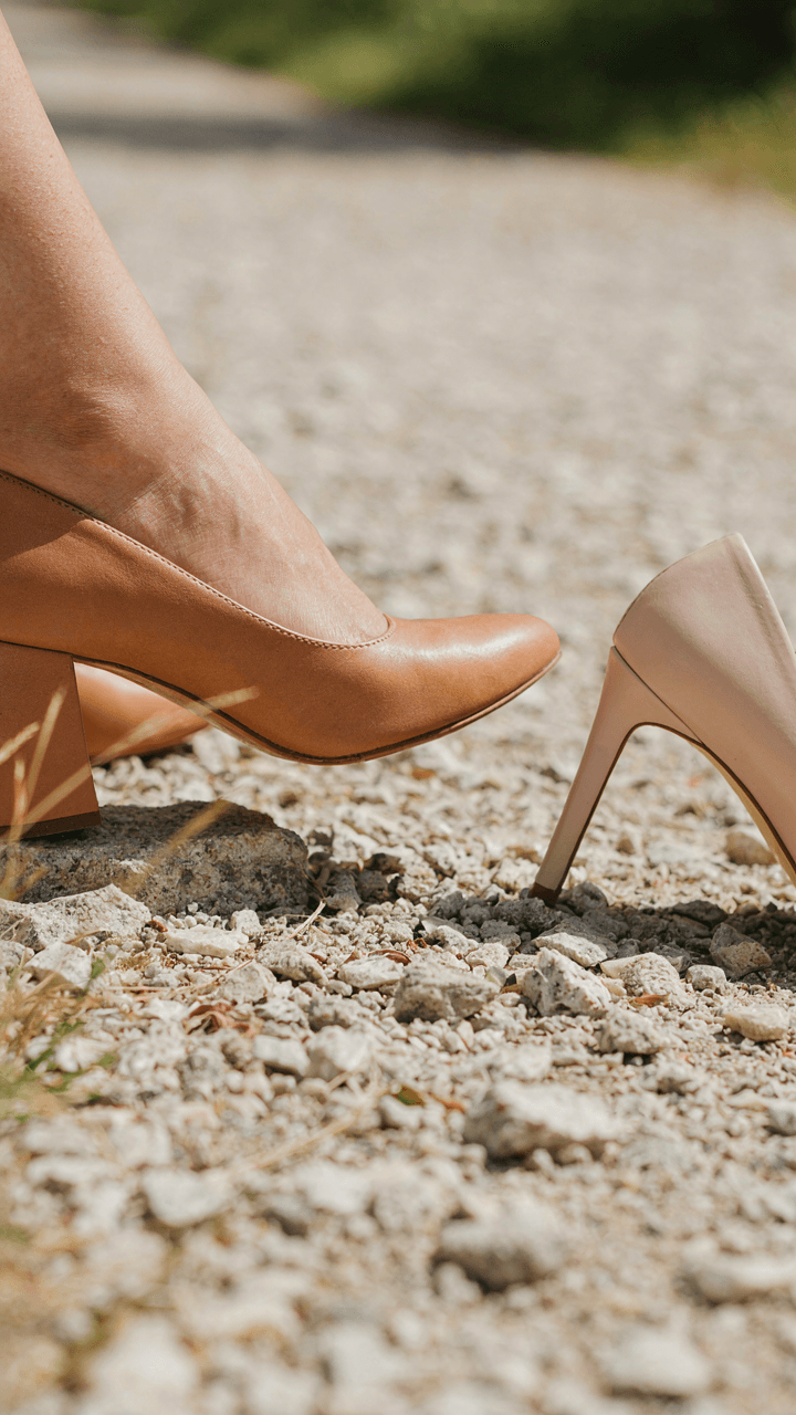A block heel steps on gravel while a stiletto is stuck in the ground.