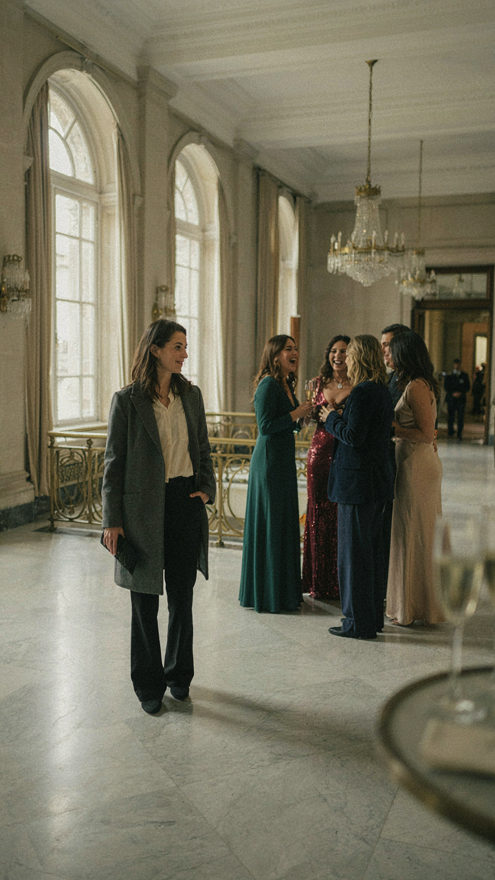 A woman discreetly watches other women in a theater lobby.