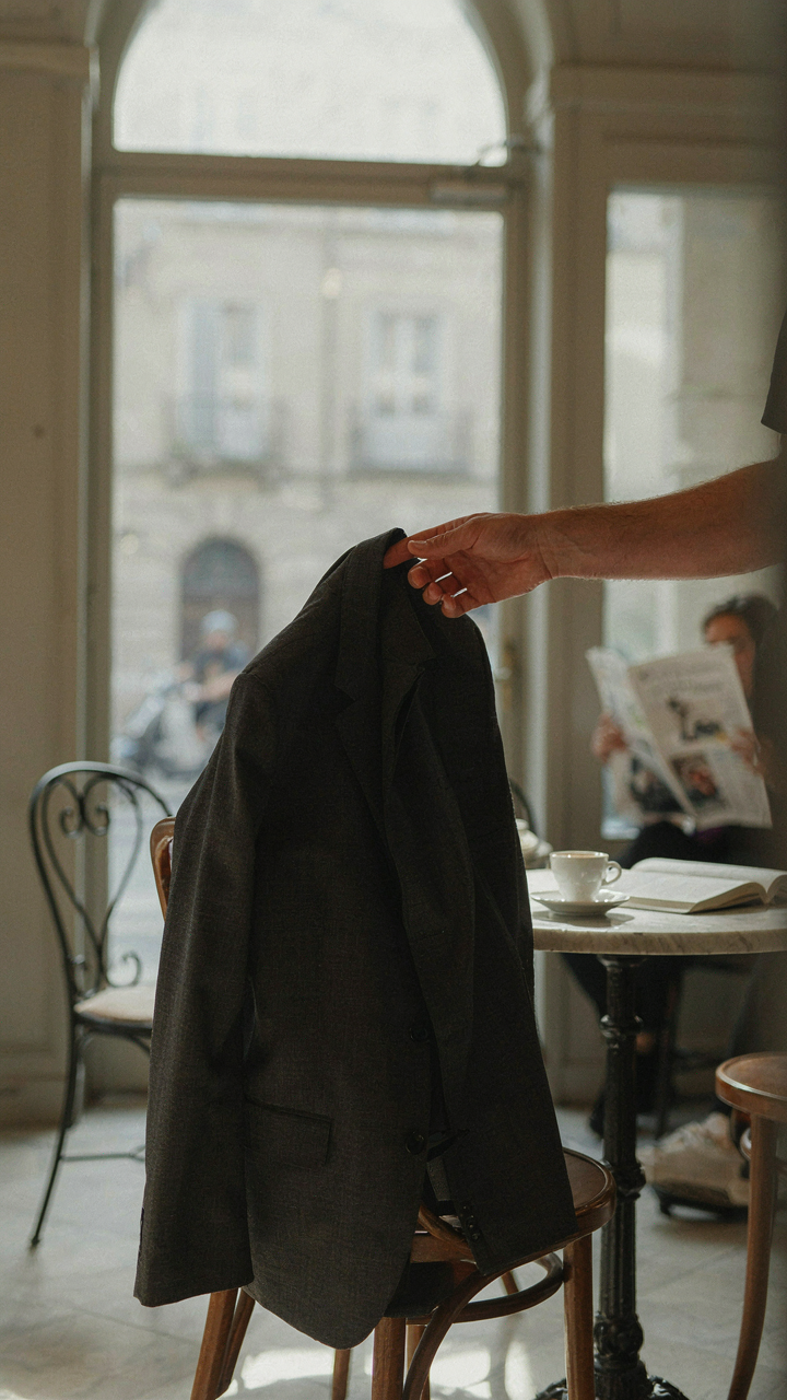 A dark technical blazer draped over a chair in a cafe.