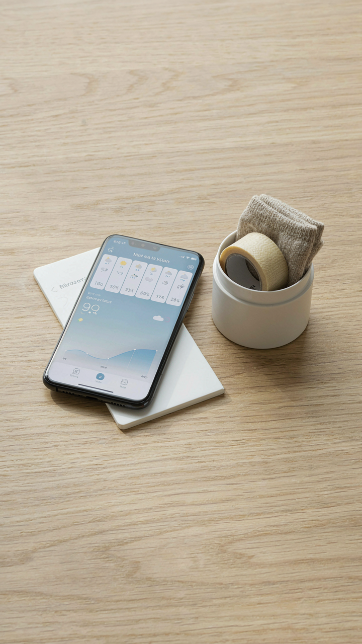 A smartphone shows a detailed weather forecast next to blister tape and merino socks.