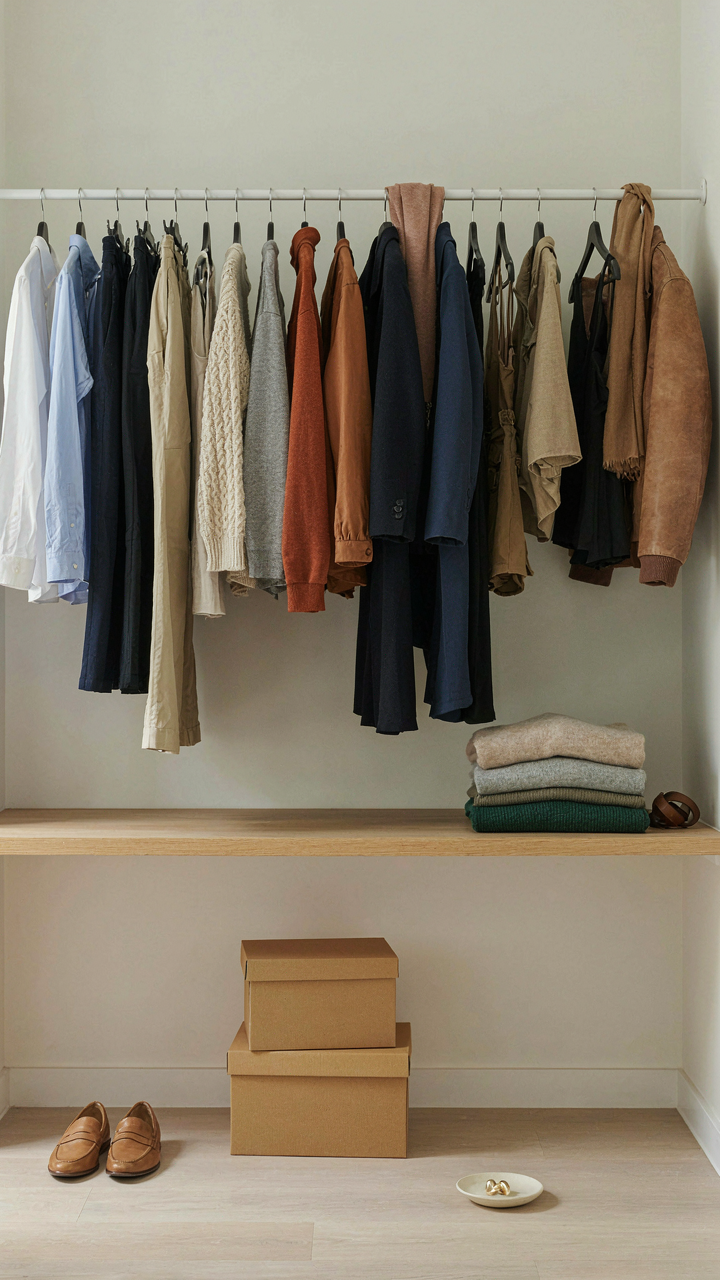 A well-organized closet displays 20 core clothing items with two labeled seasonal boxes.