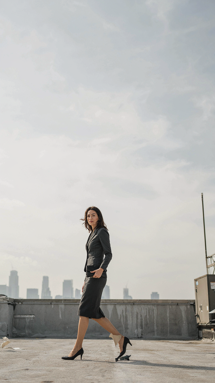 A woman in a tailored dress and secured clutch walks on a windy rooftop.
