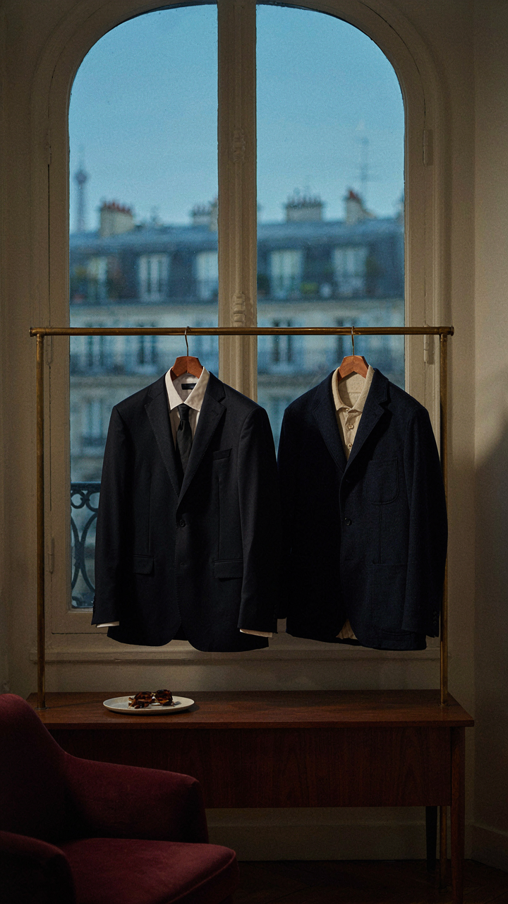 A tailored navy blazer hangs next to a slightly more casual navy blazer.
