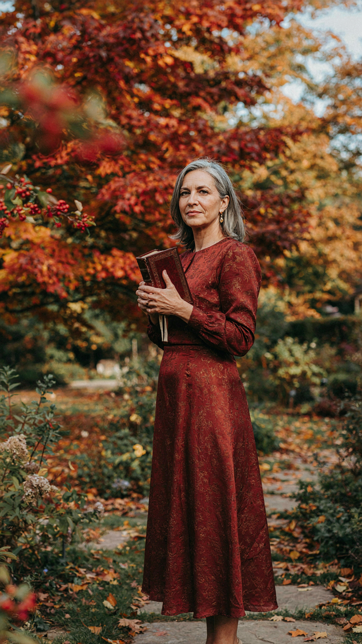 A woman in her 50s reads a book in an autumn garden, wearing an october wedding guest dress.
