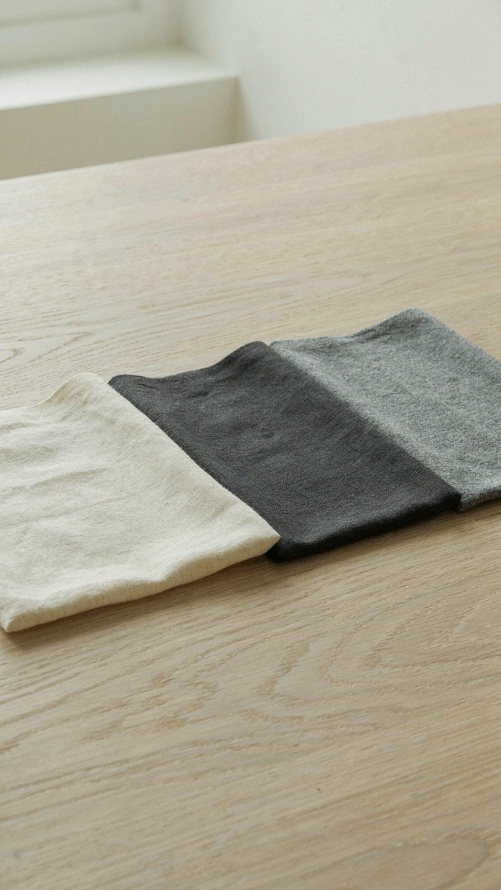 Three fabric swatches in cream, charcoal, and stone arranged on a table.