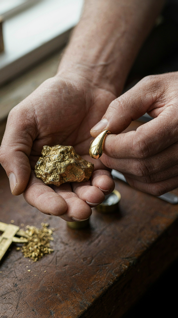 Goldsmith's hands holding raw and finished gold, showing light reflection.