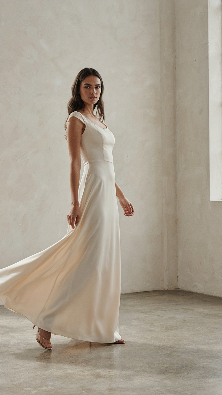 A woman in a formal gown tests her outfit's movement, sitting and standing.