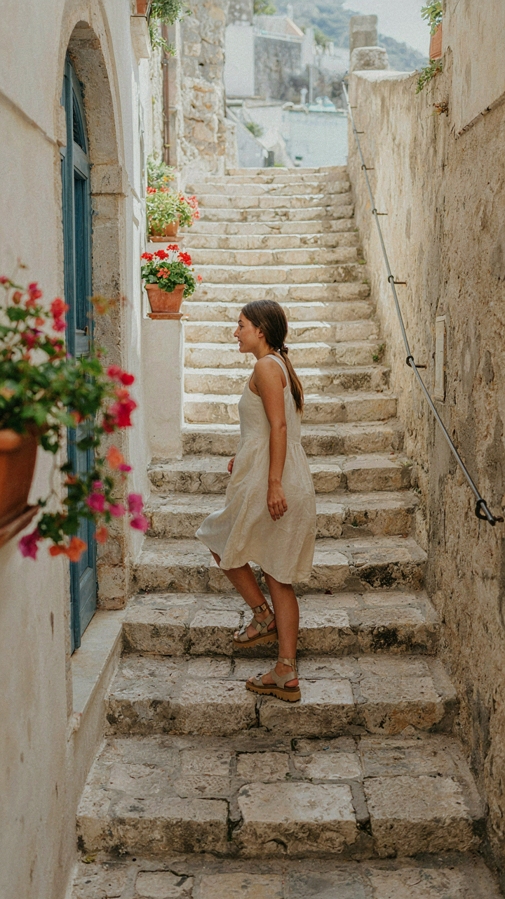 A person in supportive sandals walks up steep stone steps on a coast.