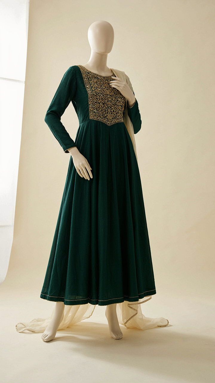 A tailored Anarkali suit with a draped dupatta on a mannequin.
