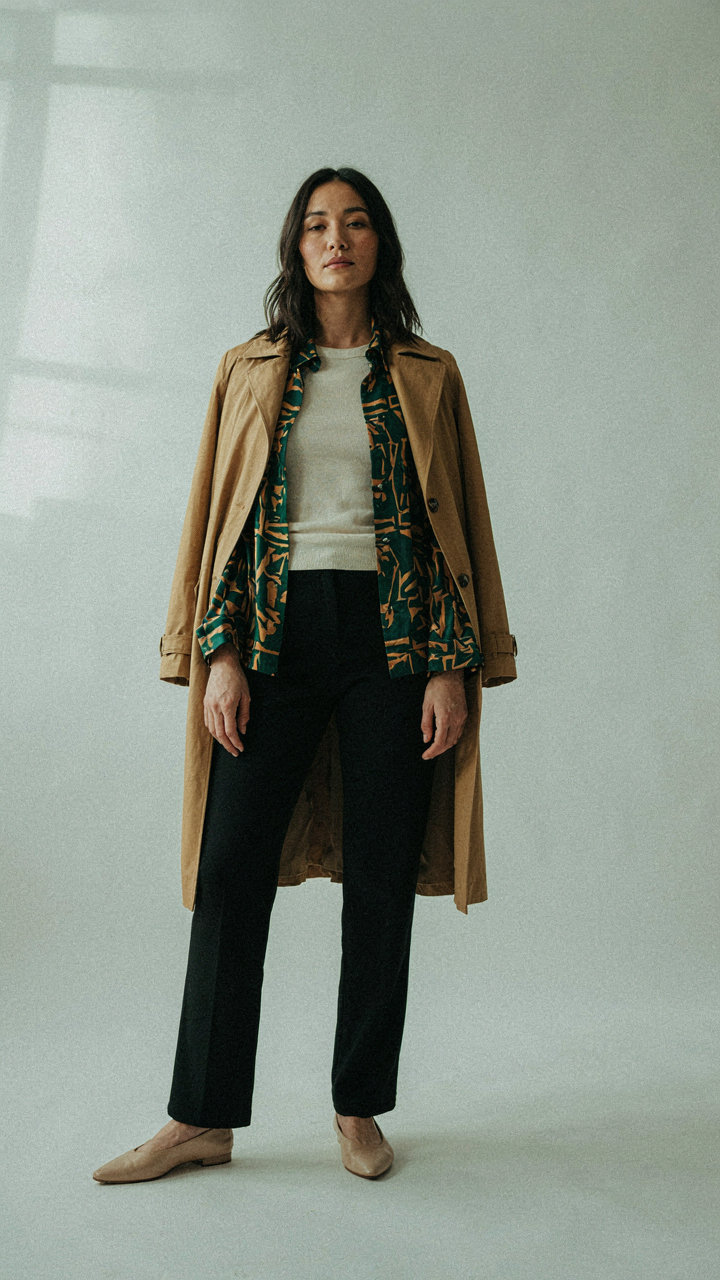 A wardrobe shows neutral clothes next to two patterned statement pieces.
