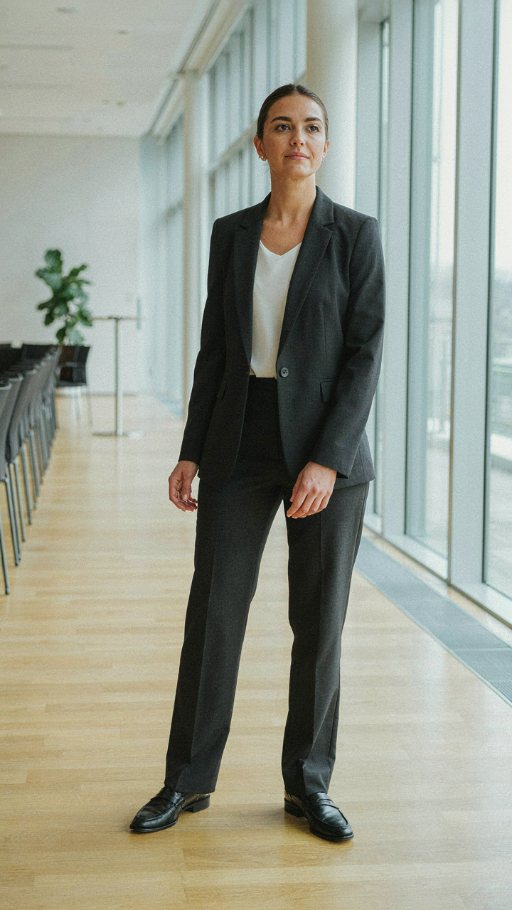 A woman in a stylish blazer and trousers stands confidently at a conference.