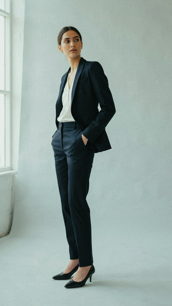 A woman in a navy pantsuit stands at a 45-degree angle, looking past the camera.