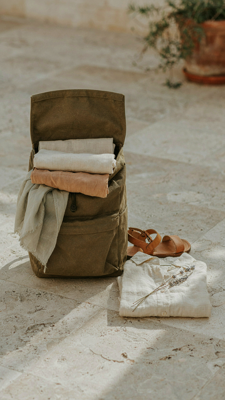 A backpack with a few linen clothes and sandals is ready for travel.