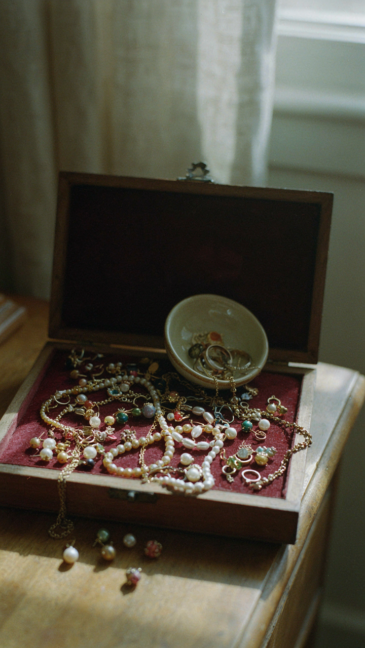 A cluttered jewelry box filled with many small, mismatched earrings.