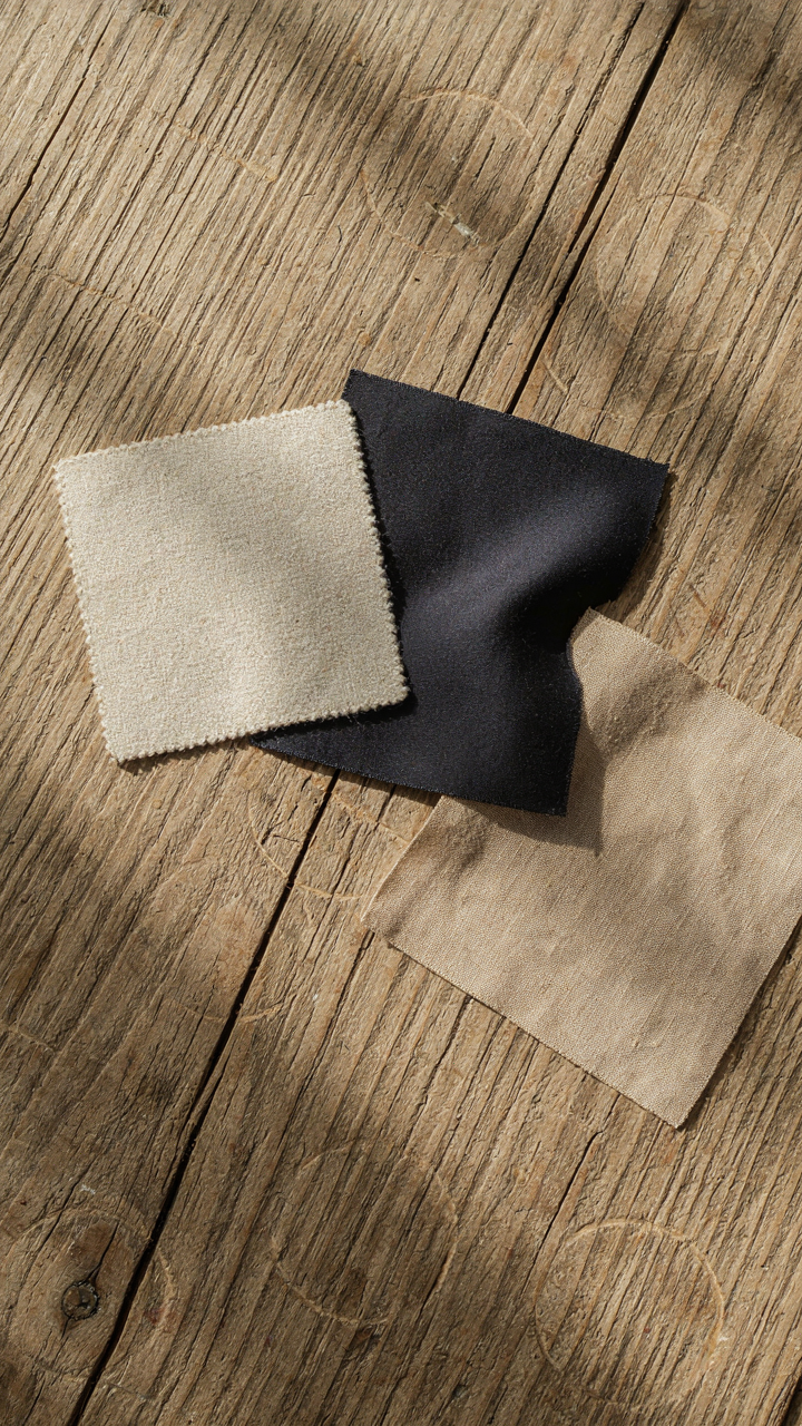 Different fabric swatches, including merino wool, nylon, and linen blend.