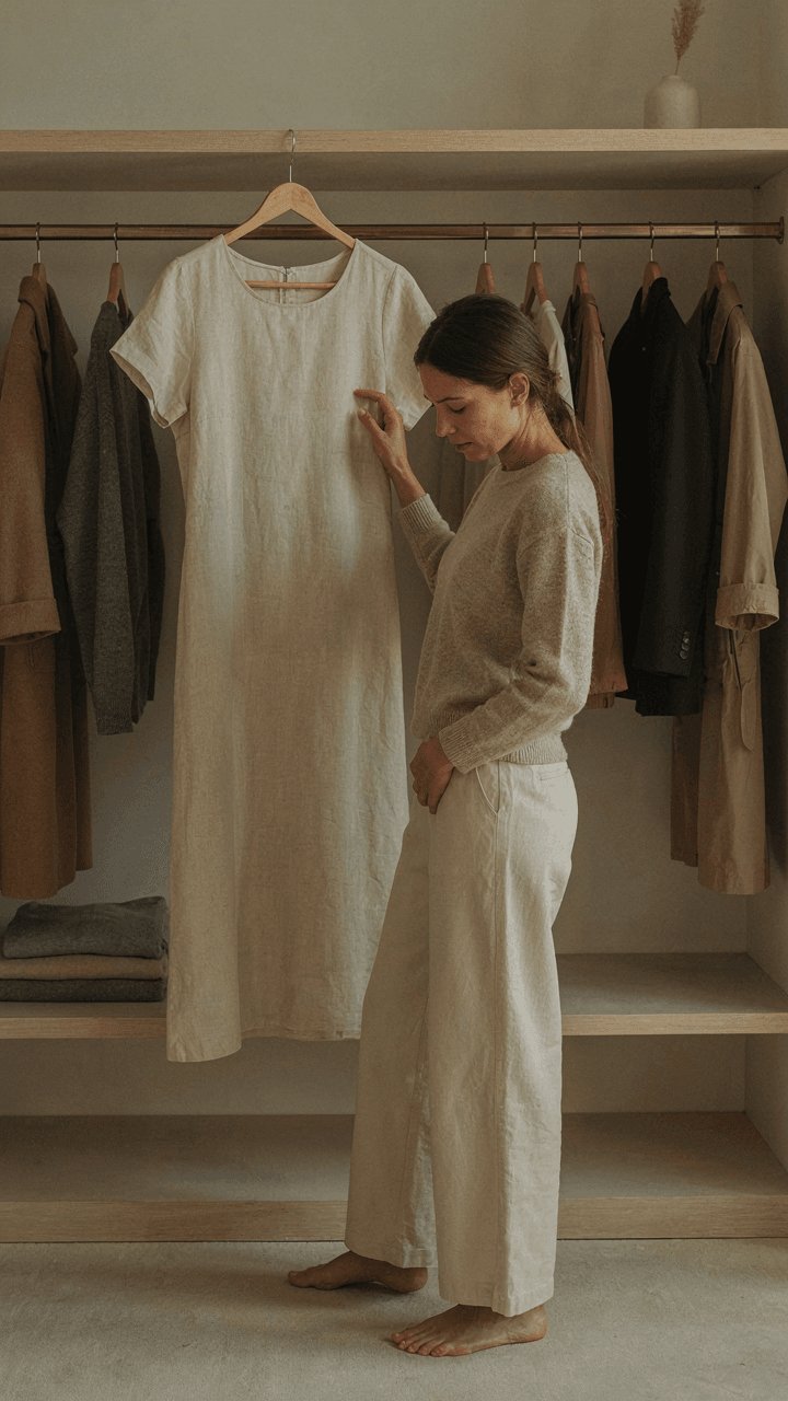 Woman examines a classic cream linen midi dress in her wardrobe.