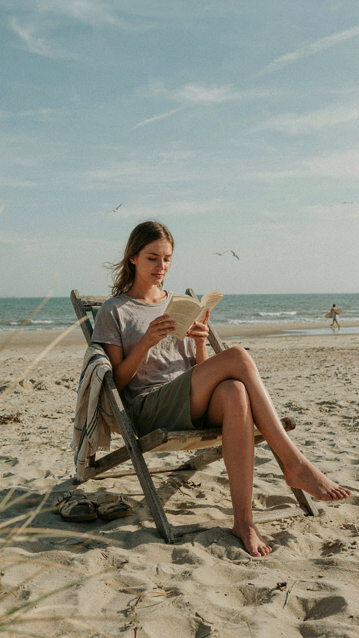 A person reads a book while wearing comfortable shorts and a t-shirt.