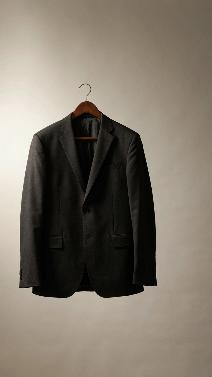 A well-fitting dark blazer hangs on a hanger, showing proper shoulder fit.