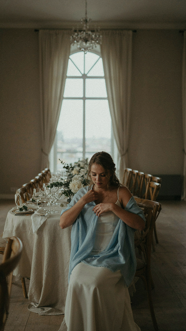A woman tests a light blue shawl while sitting in a grand wedding venue.