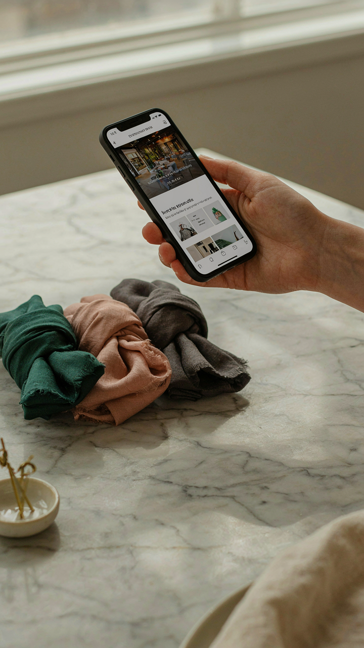 A woman's hand holds a smartphone, planning her wrap choice for an event.