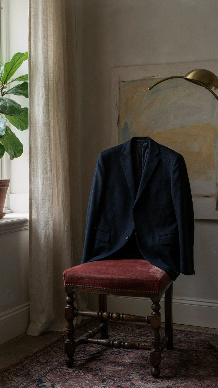 A navy wool blazer hangs over an antique chair in a versatile room.