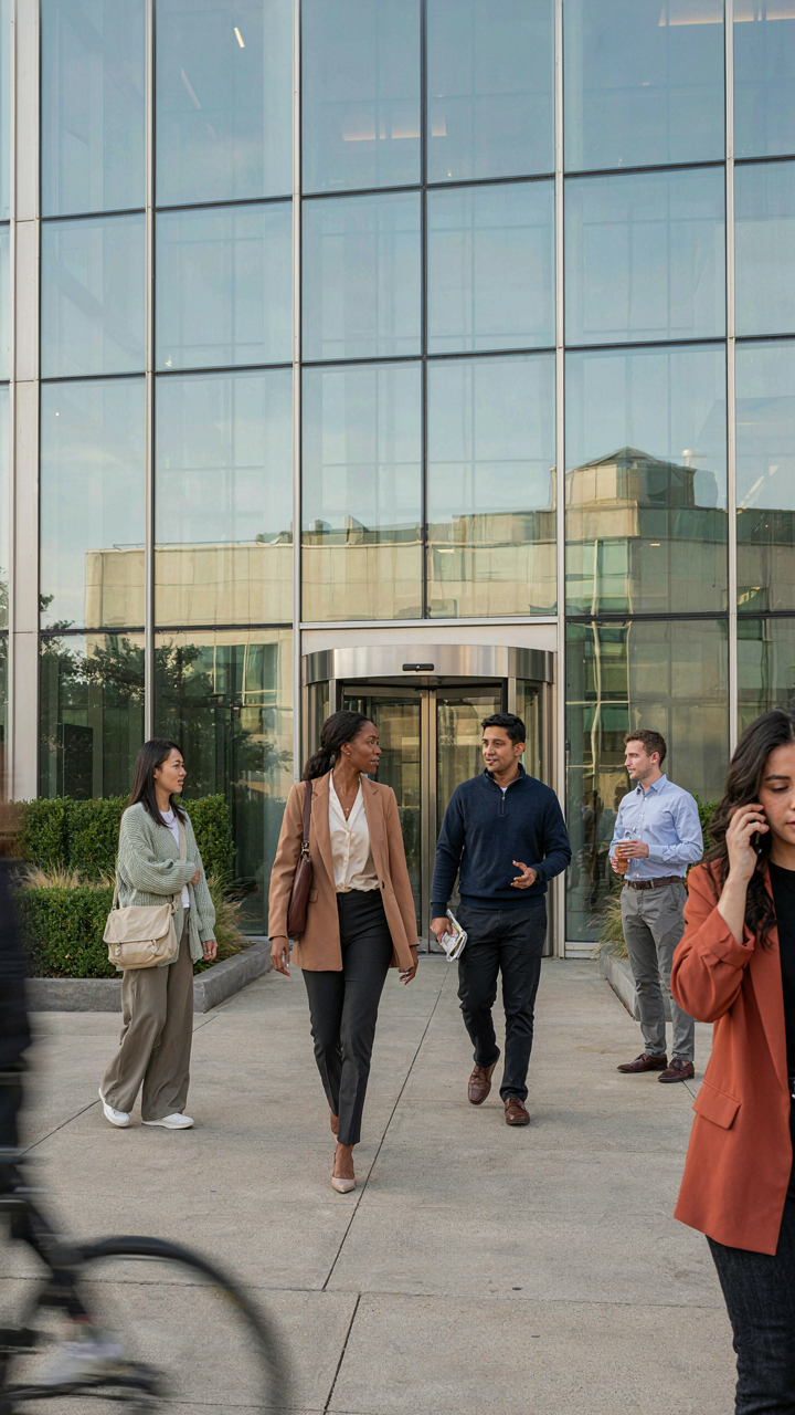 Diverse professionals entering a modern office building in business casual clothes.