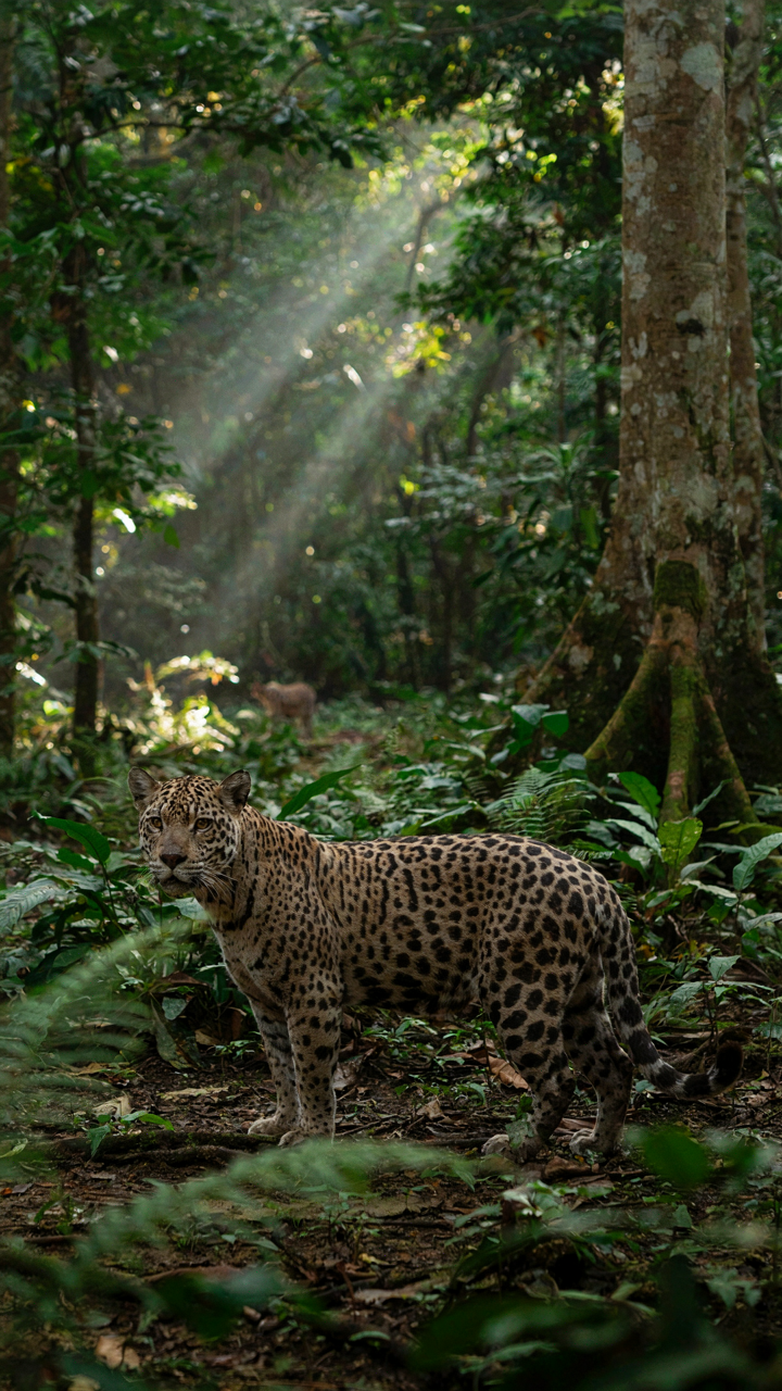 A majestic silver jaguar in its habitat, its fur subtly reflects light.