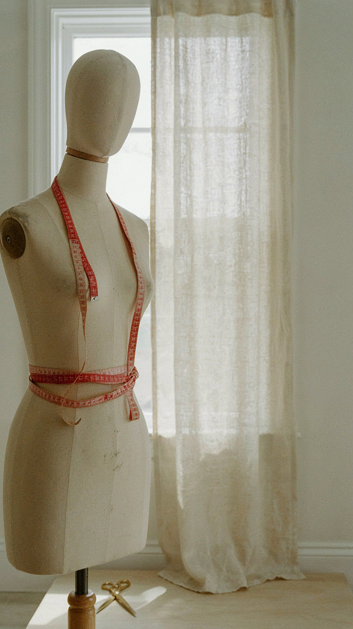 A measuring tape is tangled around a mannequin, showing arbitrary body shapes.