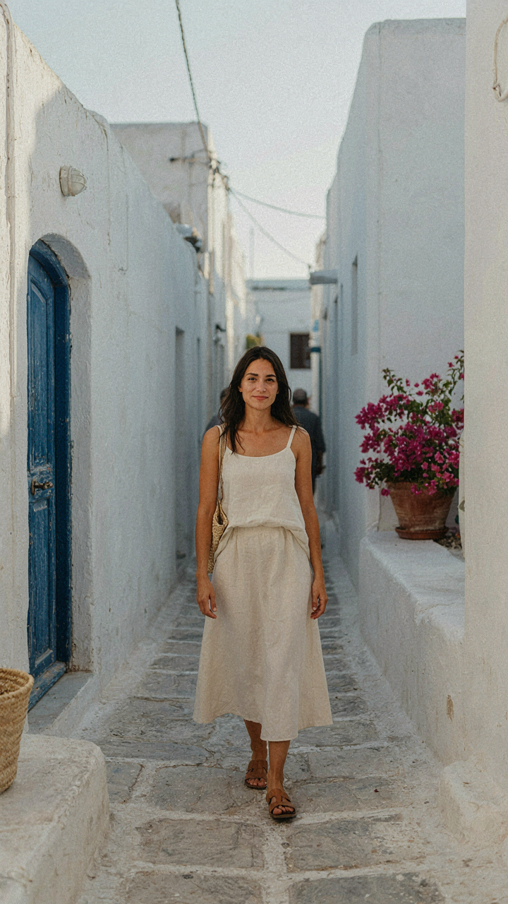 A confident person in a Greece capsule wardrobe walking in a sunlit alley.