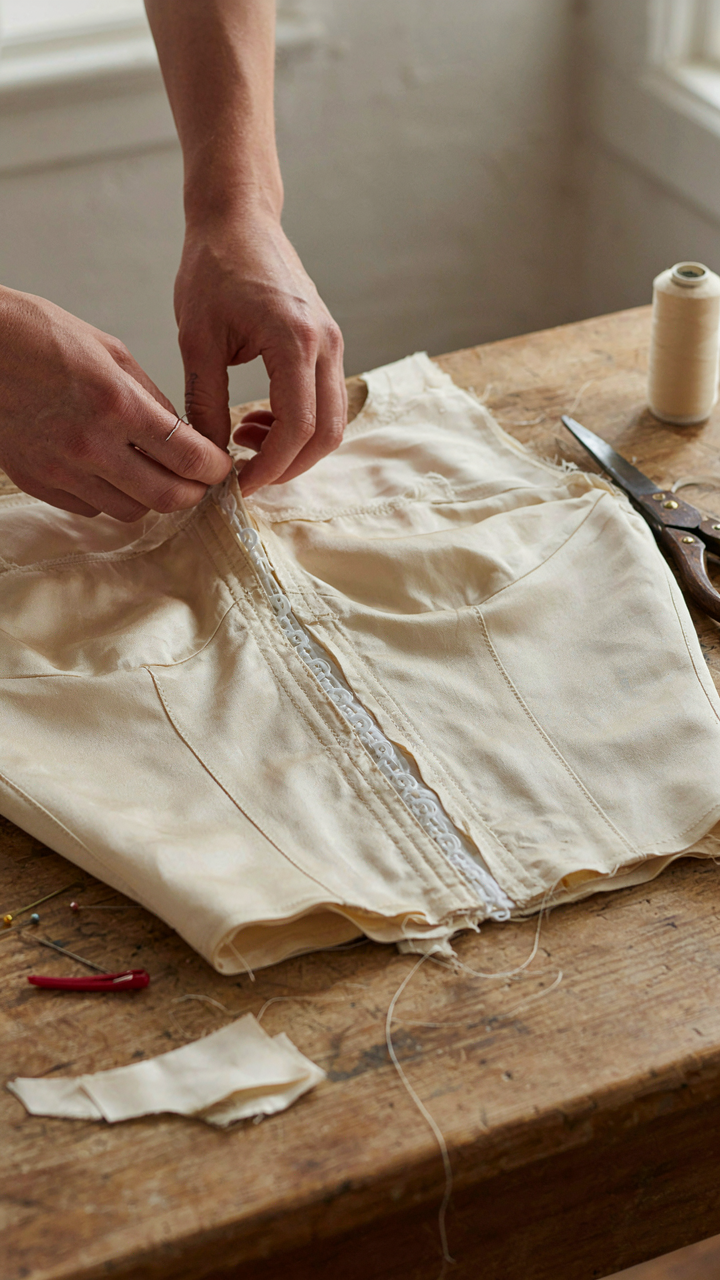 A tailor's hands adjust the internal structure of a dress bodice.