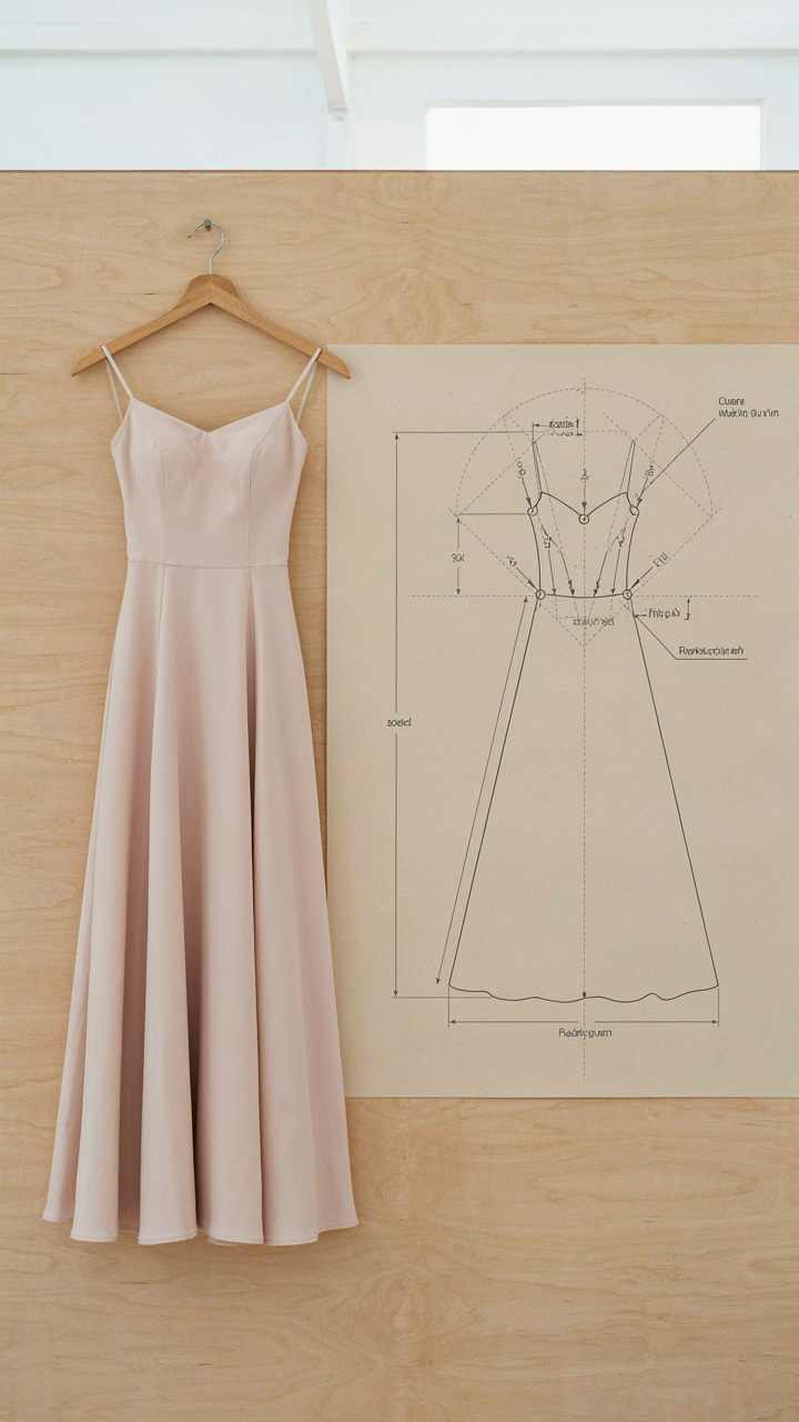 An A-line dress hangs, next to a diagram of engineering weight distribution.