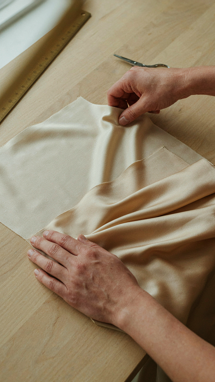 A hand tests the drape of structured crepe next to flowing silk fabric.