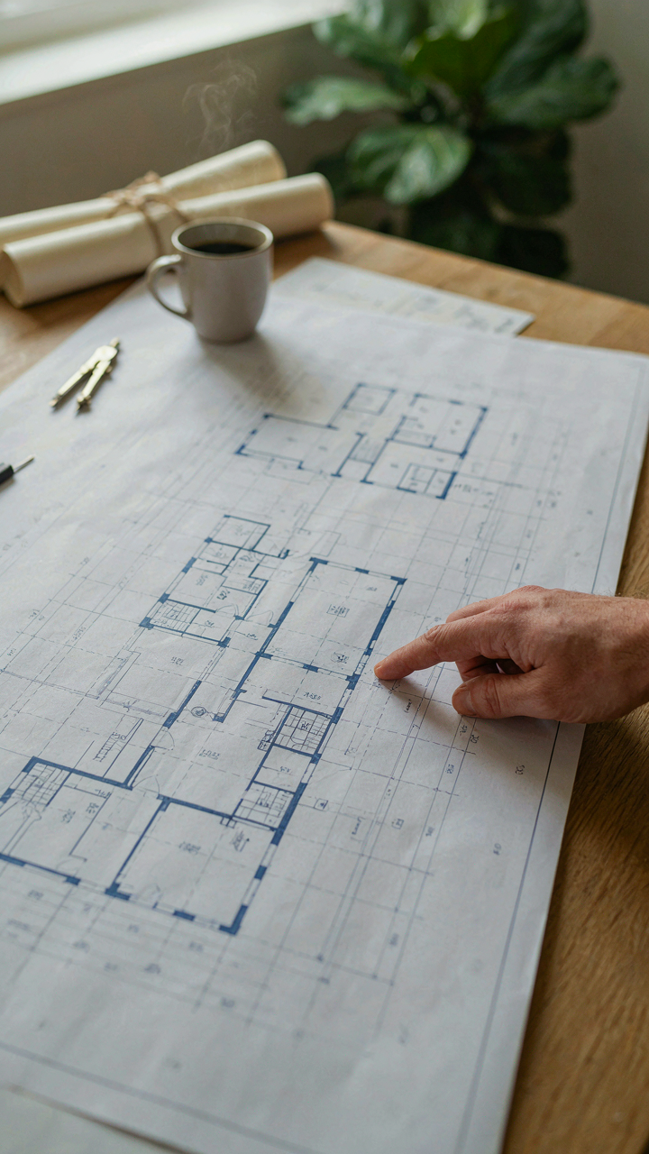 Architectural blueprint showing a building's load-bearing walls and structural lines.