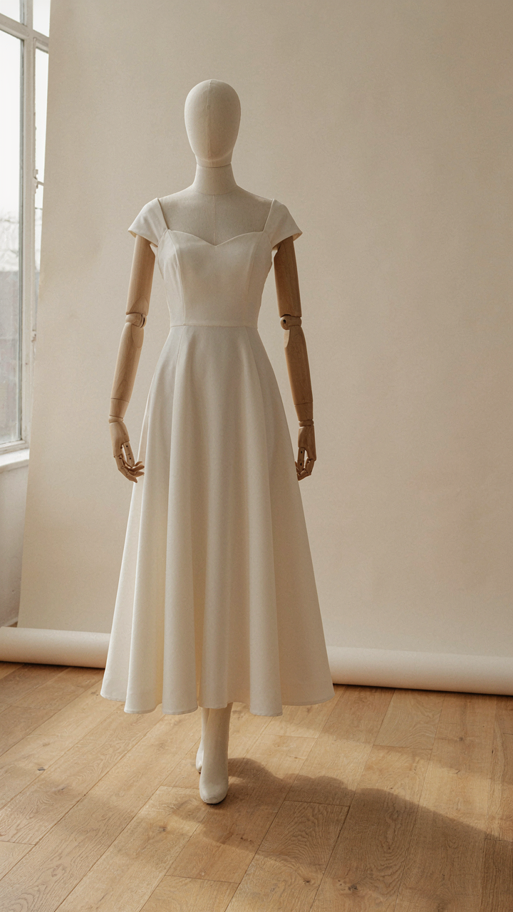 A mannequin wears a midi dress with a structured bodice and a flowing skirt.