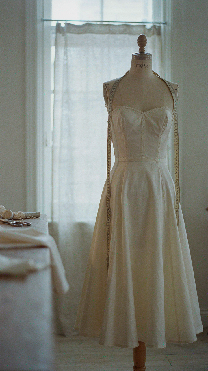 A dressmaker's dummy showing the internal seams and darts of an A-line dress.
