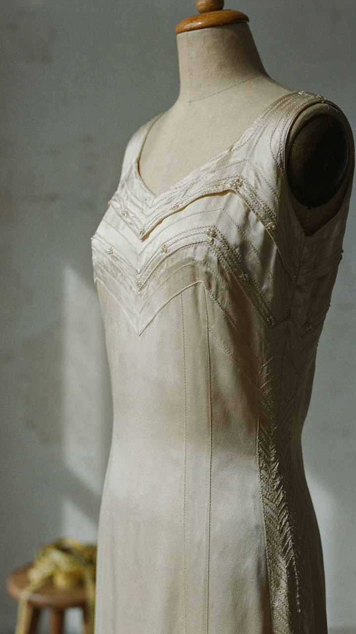 A vintage 1920s evening gown shows chevron patterns along a seam.