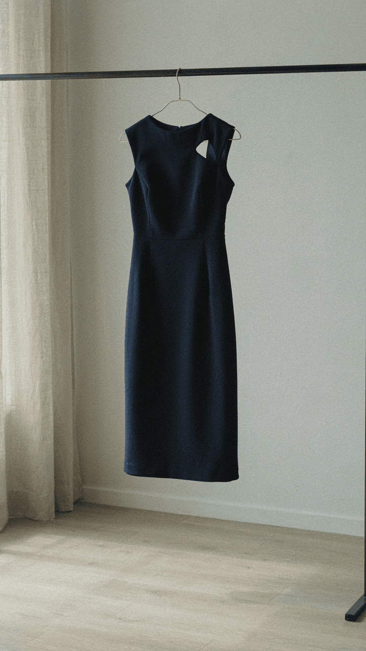 Navy sheath dress with an architectural cutout shoulder hangs on a rack.