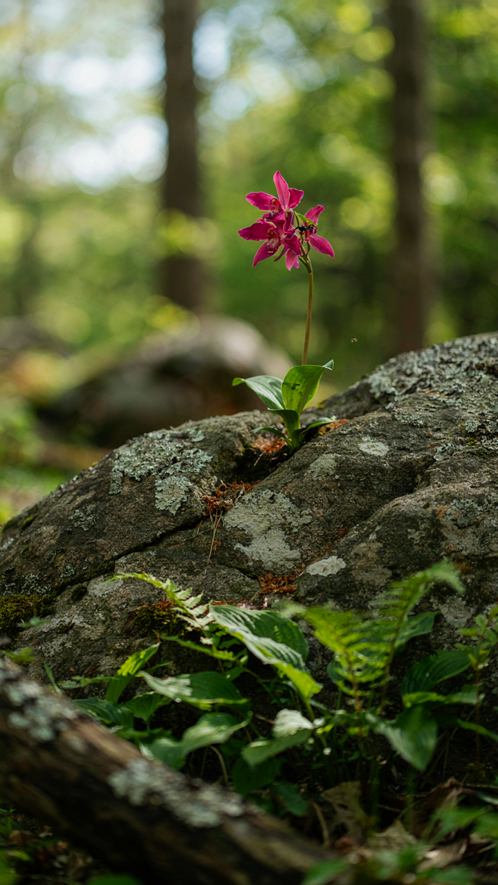 A colorful orchid blooms next to a rough rock, showing natural contrasts.