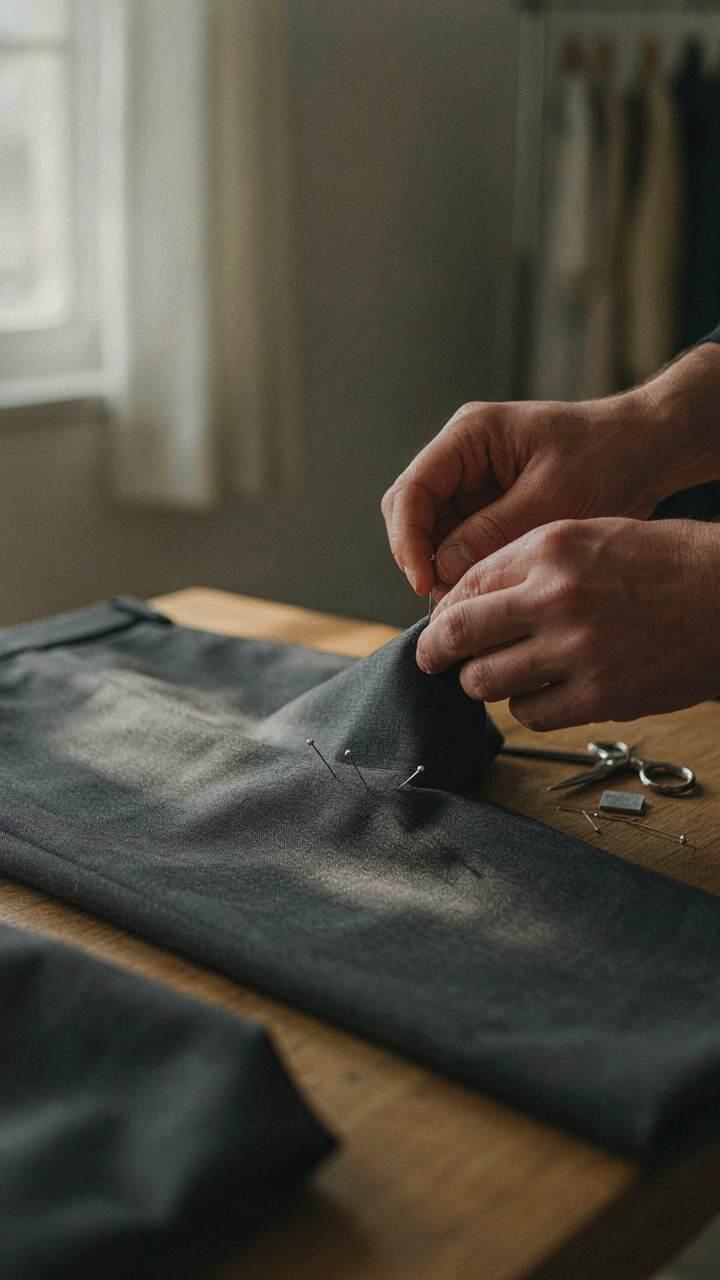 A tailor's hands pin the hem of a dark wool gabardine pant leg.