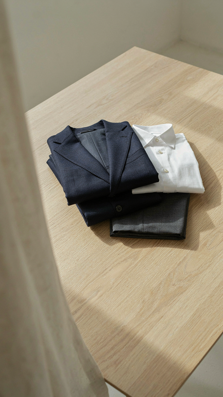 A navy blazer, white silk shirt, and charcoal trousers folded on a wooden table.