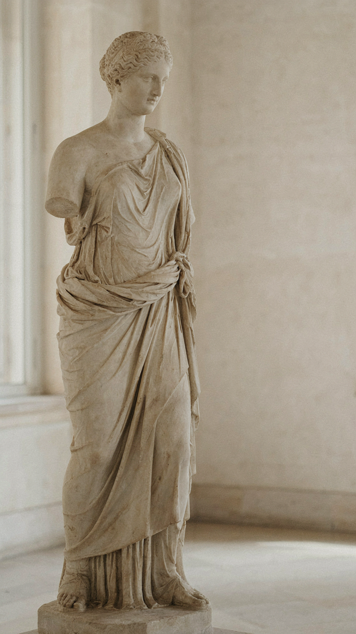 A classical marble statue with one shoulder draped, showing asymmetry.