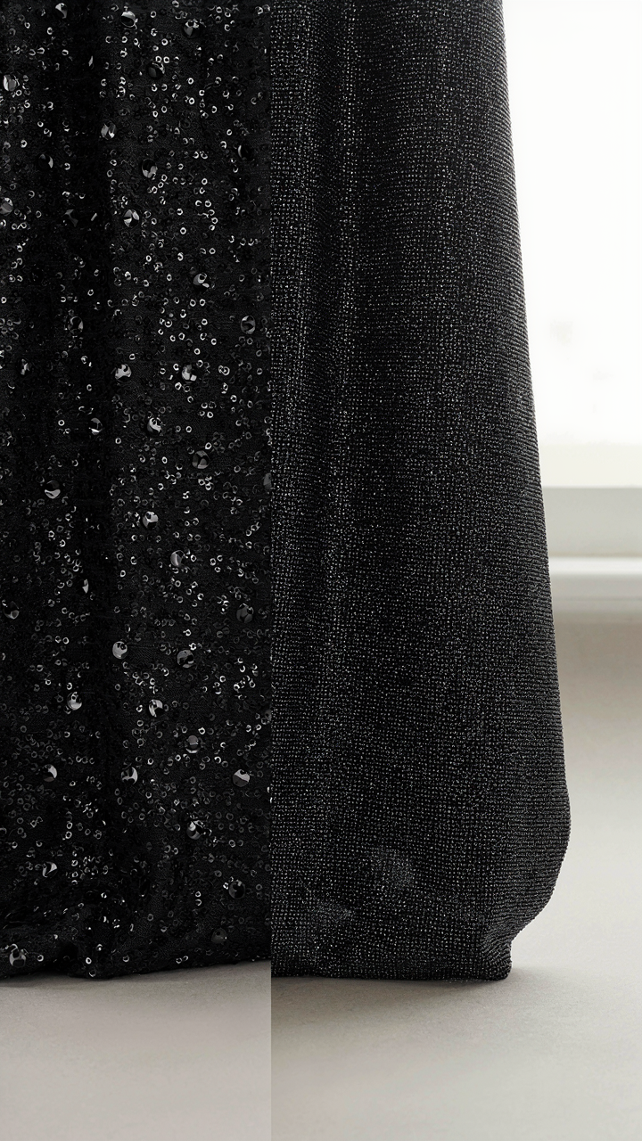 Two black sequin fabrics side-by-side, showing different sequin densities.