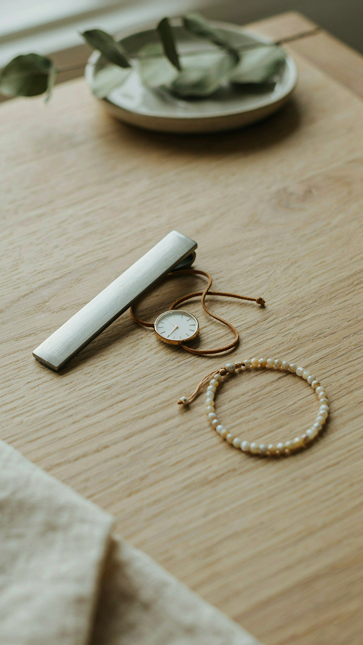 A sleek metal barrette, a minimalist watch, and a simple bracelet sit together.