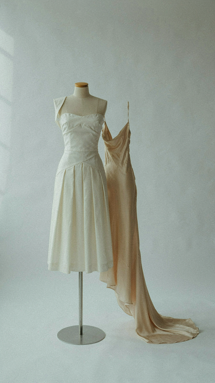 A stiff, structured dress on a mannequin next to a flowing bias-cut silk dress.