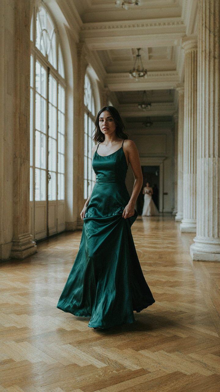 Woman in a flowing silk dress walking through a grand ballroom.