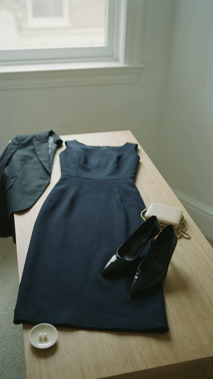 A navy midi dress, blazer, and accessories are neatly arranged on a table.