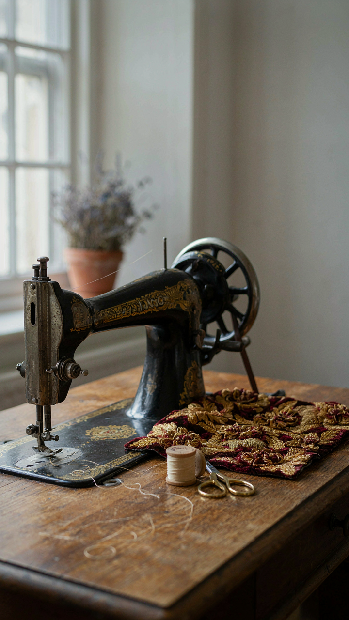 An antique sewing machine next to an ornate fabric swatch.