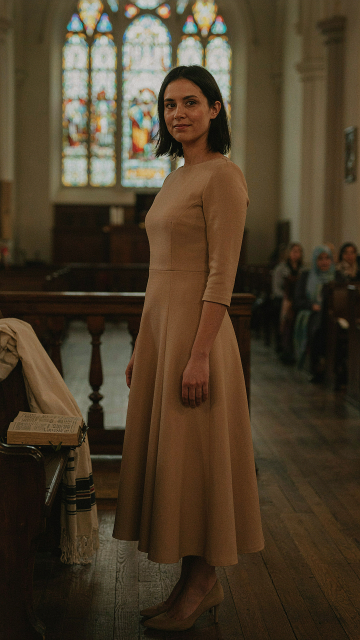 A woman transitions her structured midi dress look from day to night.